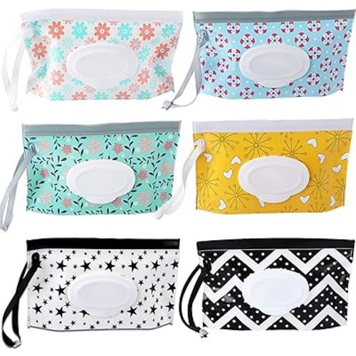FEBSNOW 6 Pack Baby Wipes Dispenser, Portable Refillable Wipe Holder, Baby Wipes Container, Reusable Wipes Case, Baby Travel Wet Wipes Pouch