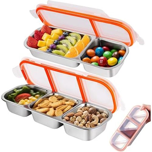 2 Pack Stainless Steel Snackle Container For Adults, Reusable Bento Lunch Box Snack Containers, 2-3 Compartment Divided Food For Home Work Travel