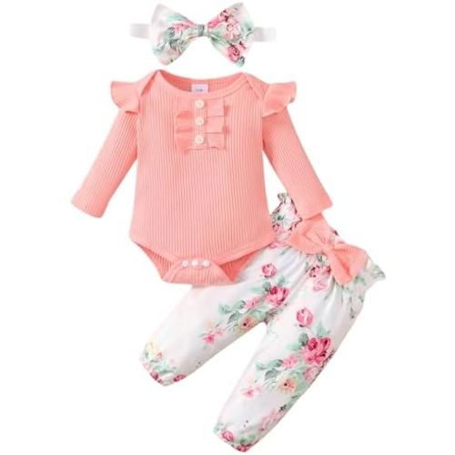 Baby Girl Clothes Newborn Infant Long Sleeve Ruffle Romper Floral Pants Outfit Set for 0-18 Months