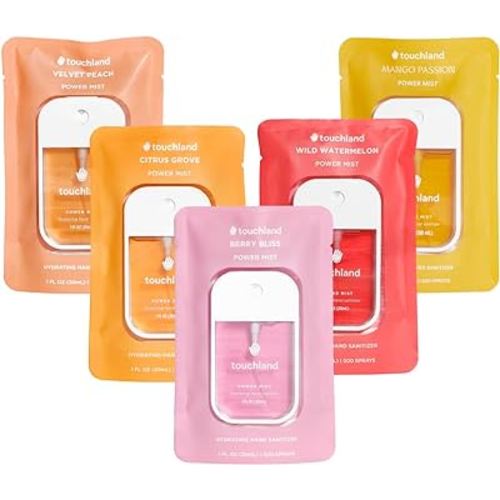 Touchland Power Mist Hydrating Hand Sanitizer Spray, JUICY 5 Set (Citrus, Berry, Watermelon, Peach, Mango), 1 FL. OZ. Travel Size (Set of 5)