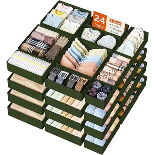DIMJ Drawer Organizer Clothes, 24 Pack Dresser Organizer, Foldable Closet Organizers and Storage, Fabric Dresser Bins, Drawer Dividers for Nursery, Baby Clothes, Underwears, Sock