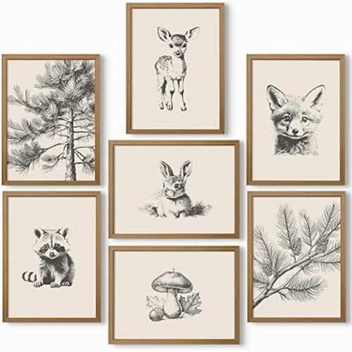 Nursery Wall Art Woodland Animal Canvas Wall Decor Baby Room Pictures Forest Animal Prints Kids Wall Art Pine Tree Poster Nature Vintage Artwork Deer Fox Painting for Bedroom 8x10x7 Inch Framed