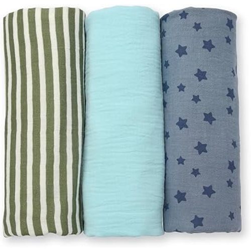 Fruit of the Loom Baby Collection - Cotton Muslin Swaddle & Receiving Blankets for Infants - 3-Pack - Star