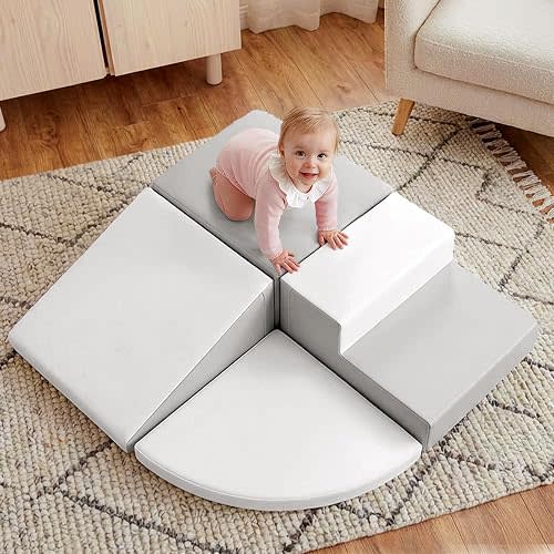 little dove 4-Piece Set Climbing Toys for Toddlers 1-3, Baby Foam Climbing Blocks for Toddlers, Soft Play Toddler Climbing Toys Indoor for Crawling Climbing and Sliding, Foam Play Gym, Gray & White