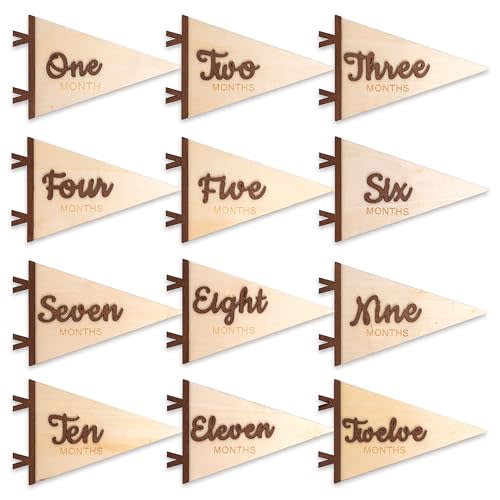 Baby Monthly Milestone Pennant Signs - Wooden Monthly Age Marker from One to Twelve Months, Newborn Announcement and Milestones Photo Props，Boy Girl Birth Party Decorations (brown)