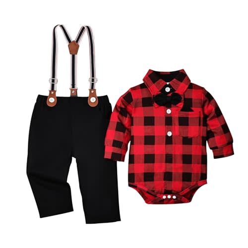 DOMOABEI Baby Boy Clothes Gentleman Outfits Infant Bodysuit Long Sleeve Shirt with Bowtie Suspender Pants Suits Set 0-18M