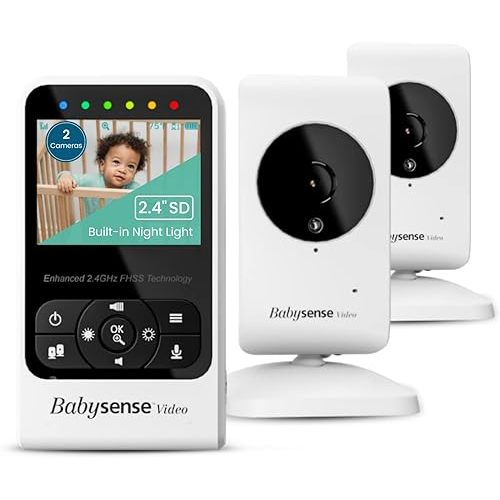 Babysense New Video Baby Monitor with Camera and Audio, Supplied with Two Cameras, Long Range, Room Temperature, Infrared Night Vision, Two Way Talk Back, Lullabies and White Noise, Model V24R_2