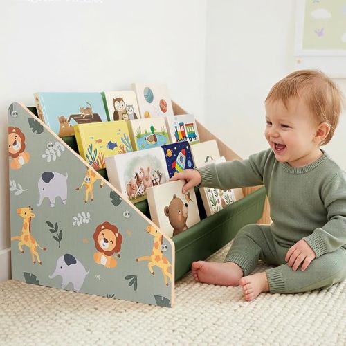 Toddler Bookshelf 4 Tier Solid Wood Montessori Nursery Book Organizer Kids | Solid wood, 4 tier washable canvas slings, anti tip design, Montessori bookshelf with cute print, large capacity,easy to take