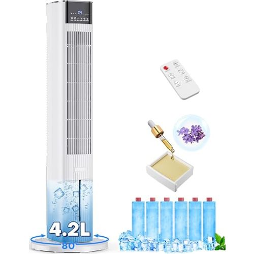42 INCH Swamp Cooler Air Conditioner w/ 4 Modes & 3 Speeds, Aroma&Memory Function Evaporative Air Cooler, 4.2L Dual Tank, 15H Timer, 6 Ice Packs Portable Windowless Air Conditioner for Bedroom