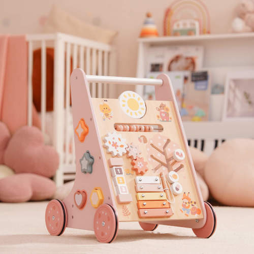 ROBUD Wooden Baby Walker with Wheels, Infant Push Walker with Activity Center and Storage for Boys and Girls Learning to Stand and Walk, Pink