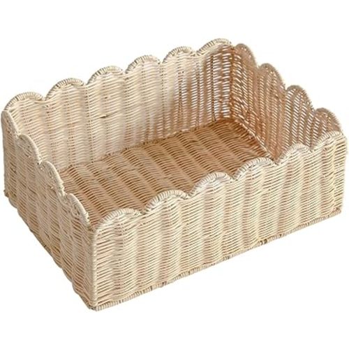 Scalloped Basket, Wicker Storage Baskets, Hand Woven Baskets for Shelves,Natural Baskets for Organizing (M-14" L x 10.5" W x 6" H-Rattan)