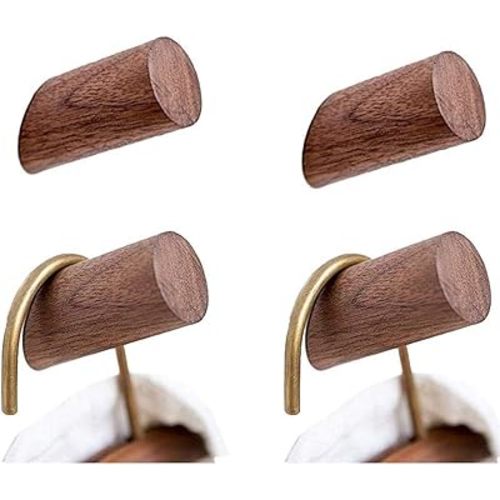 Wood Wall Hooks, 4 Pack Coat Hooks Wall Mounted, Rustic Wooden Heavy Duty Robe Hook Hat Rack, Hooks for Hanging Bathroom Towels Clothes Hanger (Walnut Wood)