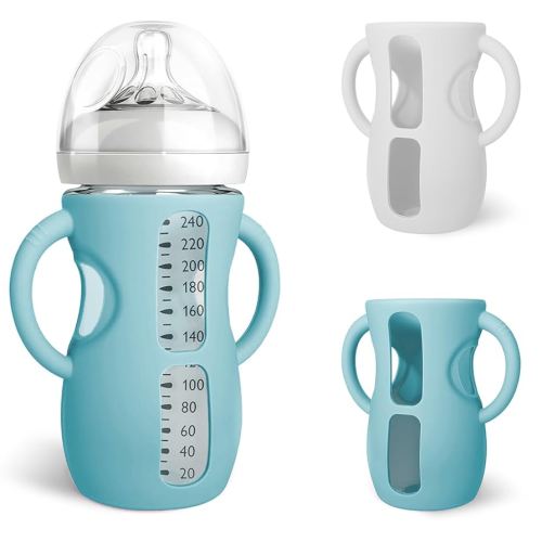 Silicone Sleeves for Avent Natural Glass Baby Bottles, BPA Free, Anti Breakage Baby Bottle Holder with Handles (Green + White, 8 Ounce)