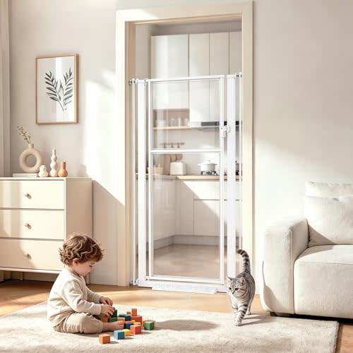 56" Extra Tall Baby Gate,Pressure Mount Clear Acrylic Cat Gate for Doorways,No Drilling Dog Gate Indoor,29.5-33.5" Wide Pet Safety Barrier for Hallway House-White S