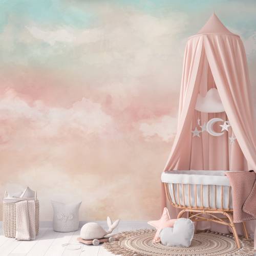 Watercolor Sky Clouds Nursery Wall Mural - Mint Pink Pastel Blush Ombre Wallpaper WM089