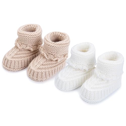 2 Pairs Baby Booties Newborn Baby Hand Crochet Knit Boots Infant Soft Cozy Warm Shoes for Toddler Girls Boys