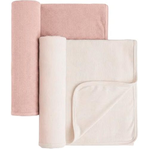 Konssy Knit Baby Blanket 2 Pack, Soft Ribbed Swaddle Receiving Blankets for Boys & Girls, Lightweight Cozy Swaddling Wrap for Newborns, Infants, & Toddlers, 33x42 Inch (Pink,Beige)