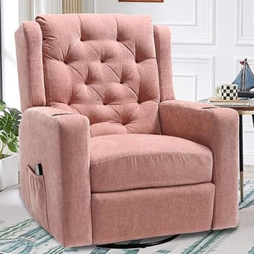 Oversized Swivel Rocker Recliner Chair Wide Seat Heavy Duty Fabric Reclining Chair, Tufted Manual Rocking Glider Chair Recliner for Nursery, Pink