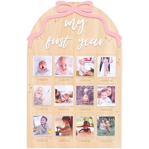 Wood First Year Monthly Photo Board for Girls - Bow Theme Birthday Decorations, My First Year Milestone Board, 12 Months Photo Display, Ribbon Bow Party Decor