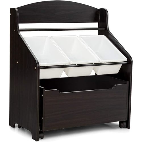 Bettary Wooden Storage Toy Organizer with 4 Movable Bins, Multi-Bin Floor Storage, Wheeled Display, Toy Chest & Organizer for Play Room and Reading Nook (Brown)