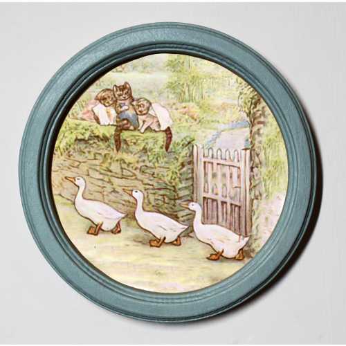 Beatrix Potter Tom Kitten Round Wooden Framed Art Print Nursery Picture Wall Hanging  Tom Moppet and Mittens Meet the Ducks Illustration