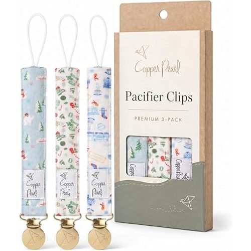 Copper Pearl 3-Pack Pacifier Holders: Premium Knit Binky Clips for Baby Girls and Boys - Stylish Stainless Steel Design for Secure No-Drop Attachment - Christmas Classics
