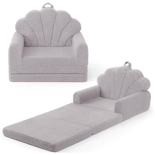 Blissful Diary Foldable Toddler Couch, 2-in-1 Comfy Toddler Chair & Lounger for Reading, Nap, Playroom, Kids Couch Sofa for 1 2 3+ Year Old Girls Boys Baby Birthday Gift, Gray Shell