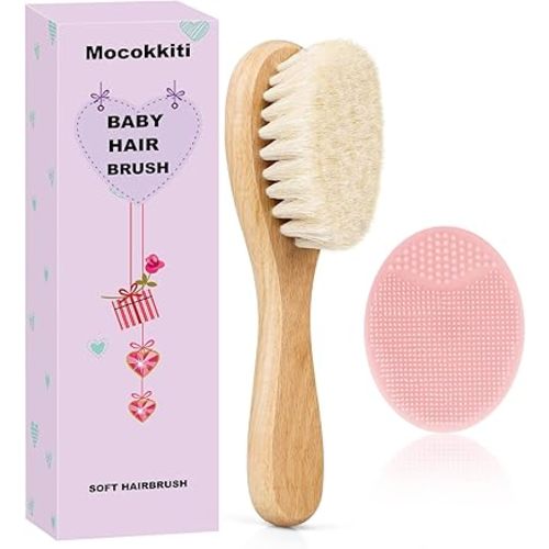 Baby Hair Brush and Pink Cradle Cap Brush Set for Newborns and Toddlers, Wooden Baby Hair Brush Set with Soft Goat Bristle, Baby Hair Care Kit (2PCS)