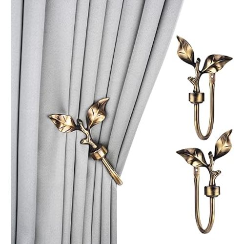 SUQ I OME 1 Pair of Leaf Shaped Curtain Holdbacks Metal Curtain Side Holders for Wall, Antique Brass Curtain Tieback Hook Pull Backs for Drapes Window Home Decoration,Bronze