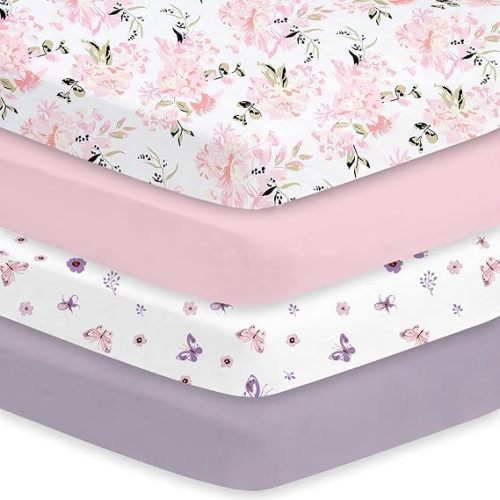 Little Grape Land Crib Sheets Girl 4 Pack, Baby Crib Sheets for Standard Crib & Toddler Mattress, Super Soft Breathable Crib Sheet Set for Girls (Floral & Butterfly)