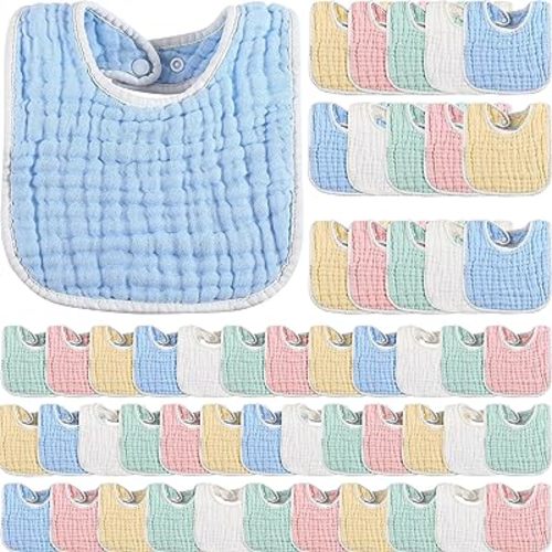 Tatuo 50 Pcs Muslin Baby Bibs Bulk Muslin Cotton Teething for Boy Girls Burp with Snap, Baby Bandana Drool Absorbent Bibs for Newborn Infant Teething and Drooling, 6 Layers