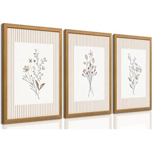 Neutral Wildflower Wall Art Set of 3, Wood Framed Botanical Canvas Prints