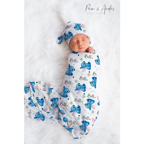 Stitch Baby Boy Swaddle Set, Personalized Baby Gift, Baby Boy Swaddle, Baby Shower Gift, Newborn Gift, Personalized Baby Boy Blanket