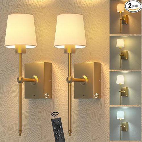 Battery Operated Wall Sconces Set of 2: Gold Rechargeable Wall Lights with Touch and Remote Control, Wireless Battery Powered Wall Scone Cordless Wall Lamp for Bedroom Living Room Bathroom Hallway