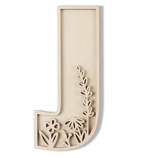 Layered 12 Inch Large Wooden Letters J for Wall Decor Nursery Name Signs | Unfinished Paintable Wood Alphabet Letter for Boho Flowered Nursery Birthday Wedding Home Decoration DIY Wood Crafts Decor