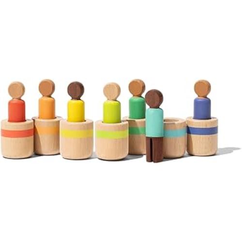 Lovevery Post & Play Peg People Baby Toy, 7 Wooden Peg Doll Practice Color Matching, Stacking, and Balancing, Ages 13 Months +