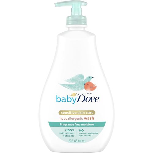 Baby Dove Sensitive Skin Care Baby Wash For Bath Time, Moisture Fragrance Free and Hypoallergenic, Washes Away Bacteria 20 oz