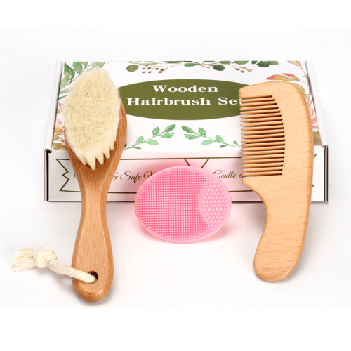 Baby Hair Care Kit, Wooden Natural Goat Bristles Brush Cradle Cap Comb + Pink Baby Shower Scrubber Set for Newborn Toddler Boys Girls Baby Grooming Kit
