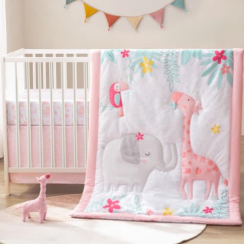 Crib Bedding Set for Baby Boys Girls, 4 Piece Oeko-TEX Certified Nursery Bedding with Fitted Sheet, Quilt, Crib Skirt, Giraffe Plush Toy, Gender Neutral Cartoon Animal Style