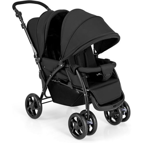 HONEY JOY Double Stroller, Foldable Lightweight Infant Twin with Tandem Seating, 5-Point Harness, Recline Seat, Storage Basket, Compact Baby Double Stroller Newborn and Toddler (Black)