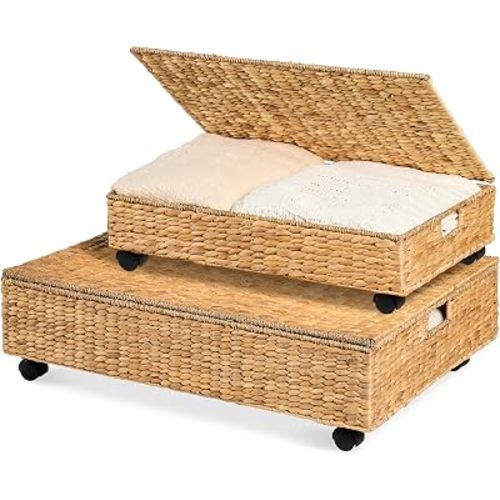 Best Choice Products Under Bed Storage Containers W/Lid, Wheels and Handles, 2-Pack Large Handwoven Water Hyacinth Closet Organizer, Shoe Storage Bins, Multi-Purpose Nesting Baskets - Natural