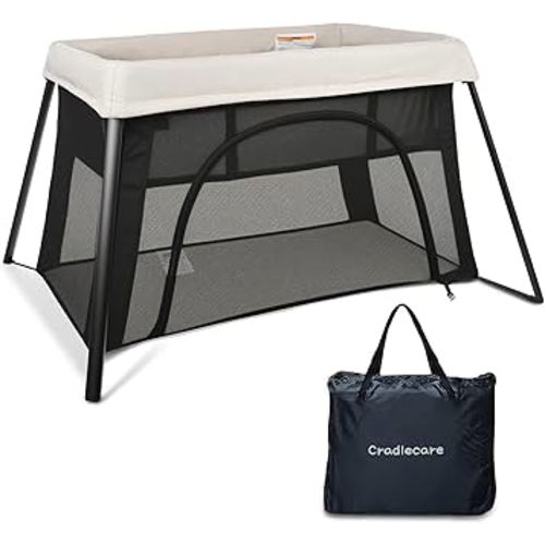 2-in-1 Pack and Play, Lightweight Baby Playpen with Bassinet, Portable Foldable Playard for Travel, Baby Playard with Mesh & Zipper Door (Creamy)