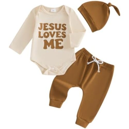 Newborn Baby Boy Christian Clothes Jesus Loves Me Romper Long Pants Set Hat 3Pcs Summer Baptism Outfits