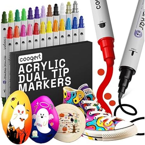 24 Dual Tip Acrylic Paint Markers, Fine Tip and Dot Tip Acrylic Paint Pens For Rock Painting, Canvas, Wood, Glass, Ceramic, Fabric, Plastic, Egg, Art Painting Supplies Kit