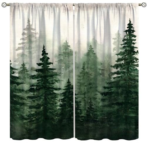 Watercolor Forest Blackout Curtains for Bedroom,Vintage Rustic Watercolor Green Misty Nature Forest Tree Tree Plant Print for Kids Boys Girls Living Room Bathroom 72x63in