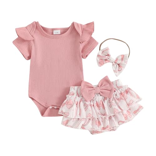 Adobabirl Baby Girl Summer Clothes Short Sleeve Ribbed Romper Ruffle Layered Bloomers Shorts Headband Boutique Clothing