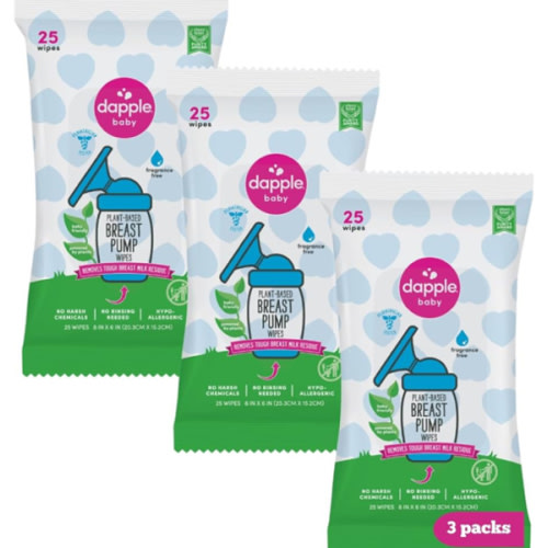 Dapple Baby Breast Pump Wipes, Powered by Plants, Hypoallergenic, Removes Milk Residue, No Rinse, Fragrance Free, 25 Count (Pack of 3)