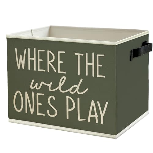 Olive Green Boho Classroom Storage Bins Box with Handles, Where the Wild Ones Play Collapsible Basket Organizer for Kids Playroom Nursery Bedroom Bathroom Toys Books Clothes