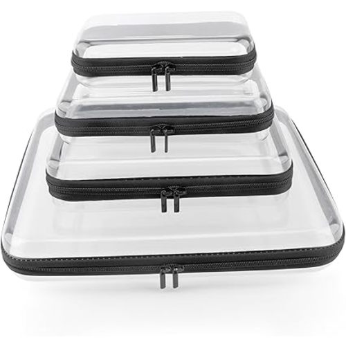 YOPCDJ Clear Hard Shell Zipper Case, Clear Zipper Pouches Waterproof Makeup Organizer & Travel Toiletry Storage Bag, Plastic Pouch for Office, Home, Black, 4Pack XL+L+M+S