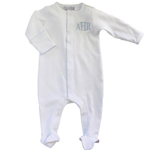 Boys White Footie Take Home Outfit Blue Trim | Baby Loren - Hiccups Children's Boutique